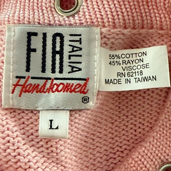 Fia Italia Hand Loomed Sweater Cardigan Sz L Full Zip Pink Grommets and Pockets - Picture 7 of 8